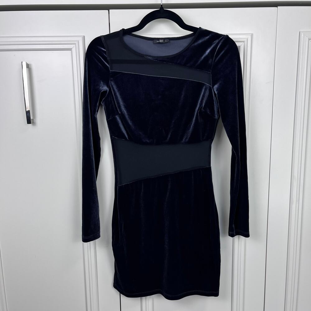 Black Velvet Mesh Bodycon Long Sleeve Dress Size 8